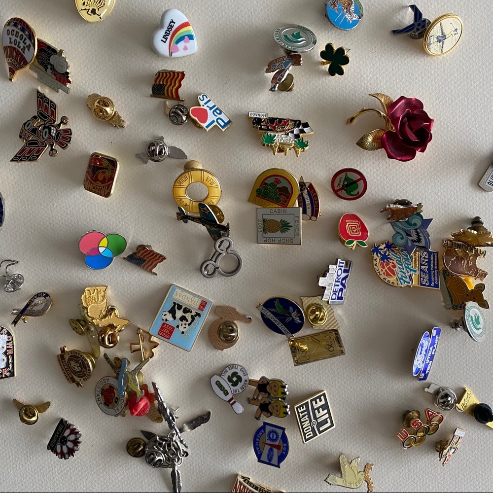 Lot of over 60 vintage enamel pins